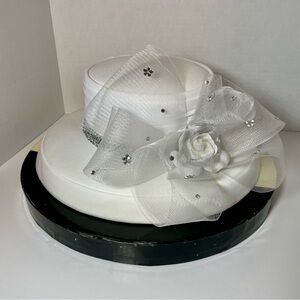 Ivory Women's Hat Rhinstone Pin Ribbon Church Derby Tea Summer Wedding Wide Brim